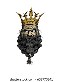 Bearded king with a crown on his head, Hand Drawn Sketch Vector Background.