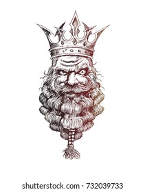 Bearded king with a crown on his head, Hand Drawn Sketch Vector Background.