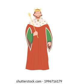 Bearded King with Crown and Scepter as Fabulous Medieval Character from Fairytale Vector Illustration
