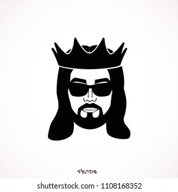 	
Bearded king wearing sunglasses, black flat style, icon vector, isolated on white background