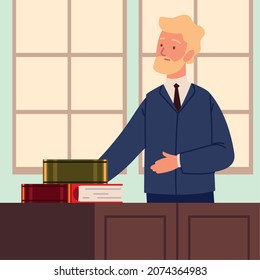 bearded lawyer with books in podium