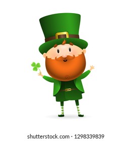 Bearded leprechaun with clover leaf. Happy dancing Irish man in green costume and hat. Can be used for topics like Saint Patrick day, character, holiday