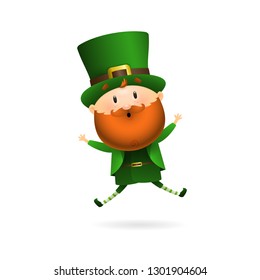 Bearded leprechaun jumping. Happy Irish man in green costume and hat floating in air. Can be used for topics like Saint Patrick day, Ireland, holiday