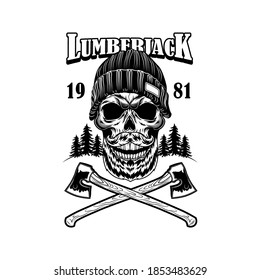 Bearded lumber skull vector illustration. Head of skeleton in winter hat with crossed axes and text. Woodwork or lumberjack concept for emblems or tattoo templates