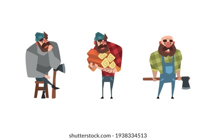 Bearded Lumberjack in Action Set, Powerful Woodcutter Character in Plaid Shirt Cartoon Vector Illustration