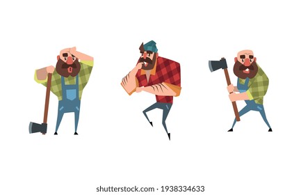 Bearded Lumberjack in Action Set, Powerful Woodcutter Character in Plaid Shirt Cartoon Vector Illustration