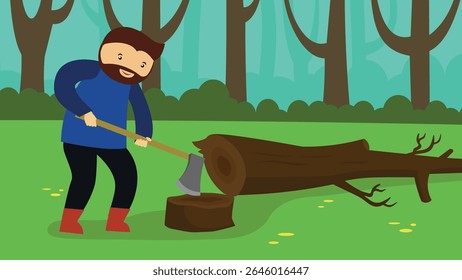 A bearded lumberjack with an ax in the forest vector flat design illustration. Square layout.