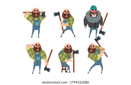 Bearded Lumberjack in Different Poses Holding Axe in his Hands, Strong Woodcutter Cartoon Character Style Vector Illustration