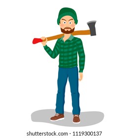 Bearded lumberjack in hat holding a big axe on his shoulder