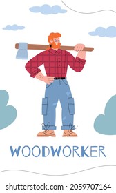 Bearded lumberjack holding ax on his shoulder stands against background of clouds sky in flat vector illustration isolated on white. Strong cartoon male woodworker in plaid red shirt