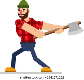 bearded lumberjack in red checkered shirt with axe in hands. Flat vector isolated illustration