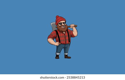 Bearded lumberjack in a red plaid shirt holding an axe.