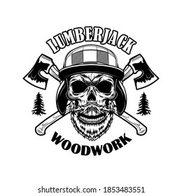 Bearded lumberjack skull vector illustration. Head of skeleton with crossed axes and woodwork text. Logger or woodsman concept for emblems or tattoo templates