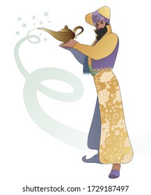 Bearded magician dressed in the oriental style, holding a magic lamp isolated on white background