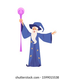 Bearded magician fantasy wizard cartoon character in magic hat and robe creates magic or conjures flat vector illustration isolated on white background. Old sorcerer.