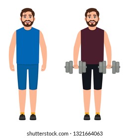 The bearded male athlete holds dumbbells, the guy plays sports, the man performs physical exercises. character in cartoon style
