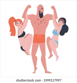 A bearded male athlete in underpants holds two slender girls in his arms. Two women in bathing suits hang from the man's biceps.