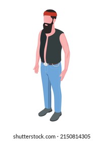 Carácter isométrico del motociclista macho con barba en ilustración vectorial de fondo blanco