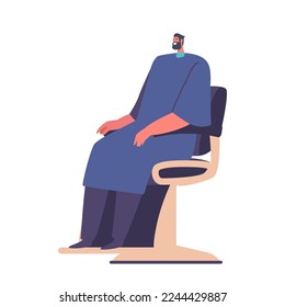 Bearded Male Character Sitting on Chair in Barber Shop Isolated on White Background. Man Wear Special Cover Applying Haircut or Shaving Services in Barbershop. Cartoon People Vector Illustration