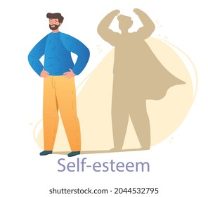 Bearded male character is standing with confident version of himself as a shadow behind on white background. Concept of self love, body positive, confidence boost. Flat cartoon vector illustration