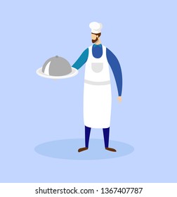 Bearded Male Chef Character Wearing Toque and Apron Holding in Hands Tray with Dish Under Silver Cloche Lid Isolated on Blue Background. Cooking Profession. Cartoon Flat Vector Illustration. Clip Art.