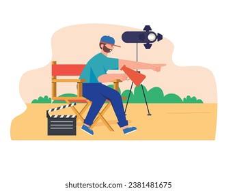 Bearded male director wearing hat scolding during film shooting, professional working in hollywood. Character design. Vector flat illustration