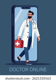 Um médico com um casaco branco sai de uma tela de smartphone, representando telemedicina e assistência médica remota. Ele carrega uma bolsa vermelha com uma cruz branca. O fundo azul escuro apresenta o texto 