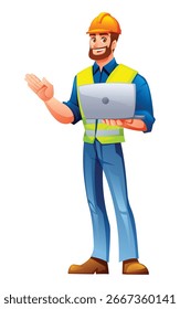 Ingeniero barbudo con un casco y chaleco reflectante que sostiene una computadora portátil. Ilustración de personaje de dibujos animados de Vector