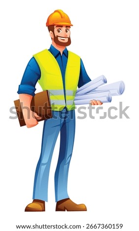 Bearded male engineer wearing a hardhat and reflective vest carrying a clipboard and rolled up blueprints. Vector cartoon character illustration