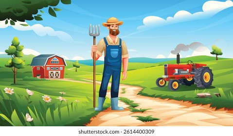 Bearded male farmer holding pitchfork next to red tractor in open green farmland. Vector cartoon illustration
