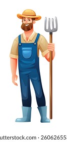 Bearded male farmer in overalls holding a pitchfork and smiling. Vector cartoon character illustration