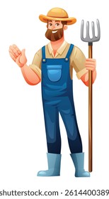Bearded male farmer smiling and waving hand while holding a pitchfork in blue overalls. Vector cartoon illustration
