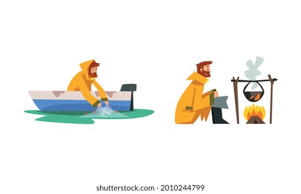 Bearded Male Fisherman with Fishing Net Angling in Boat and Boiling Soup in Cauldron Vector Set