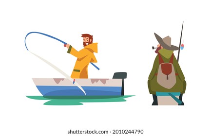 Bearded Male Fisherman with Fishing Rod on Boat Angling and Smoking Pipe Vector Set