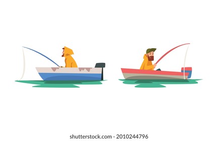 Bearded Male Fisherman with Fishing Rod Angling Sitting in Boat Vector Set