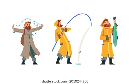 Bearded Male Fisherman with Fishing Rod Angling at River Bank Vector Set