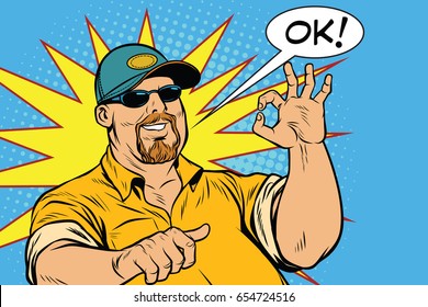 The bearded male and gesture okay. Pop art retro vector illustration