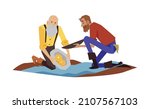 Bearded male gold diggers wash sand in river in search of nugget. Gold prospectors in mine from wild west during gold rush in flat vector illustration isolated on white background