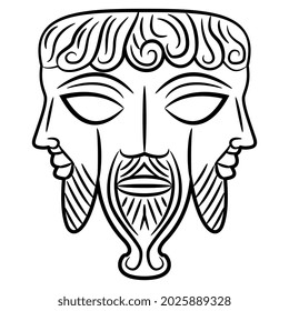 Bearded male head with three faces. Pagan god of three worlds. Ancient European Celtic motif. Black and white linear silhouette.