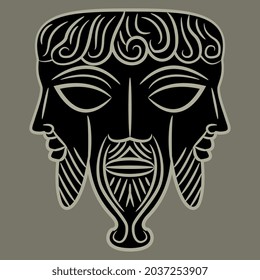 Bearded male head with three faces. Pagan god of three worlds. Ancient European Celtic motif. Monochrome black and gray silhouette. Trimurti concept.