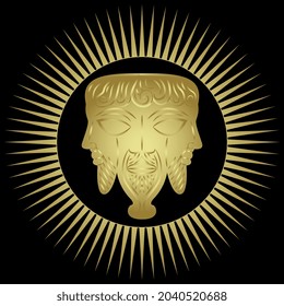 Cabeza macho con barba con tres caras en el brillante halo solar. dios pagano de tres mundos. Antiguo motivo celta europeo. Concepto de Trimurti. Silueta dorada y brillante sobre fondo negro.