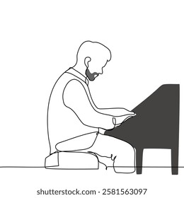 bearded male musician playing piano - one line art vector. concept concert of live classical music. Handmade vector not AI