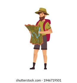 Bearded Male Park Ranger In Khaki Hat And Shorts Examining Map Of Local Area Vector Illustration