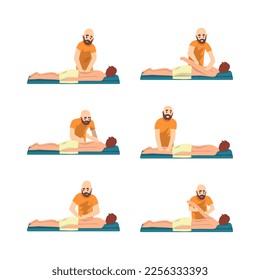 Bearded Male Professional Masseur Massaging Patient Lying on Bed Vector Set