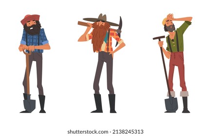 Bearded Male Prospector Character Gold Mining Holding Shovel and Pickaxe Vector Set