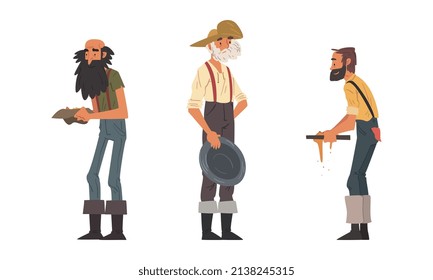 Bearded Male Prospector Character Gold Mining Sieving and Holding Pan Vector Set