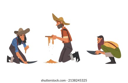 Bearded Male Prospector Character Gold Mining Sieving And Holding Pan Vector Set