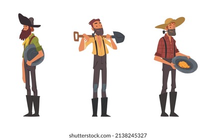 Bearded Male Prospector Character Gold Mining Holding Pan and Shovel Vector Set