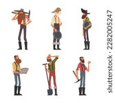 Bearded Male Prospector Characters with Shovel and Pickaxe Vector Set