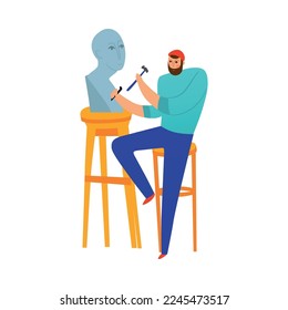 Bearded male sculptor working on portrait scultpure flat vector illustration